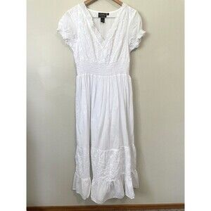 White Embroidered Cotton Midi Dress Smocked Waist V-Neck Boho Cottagecore M